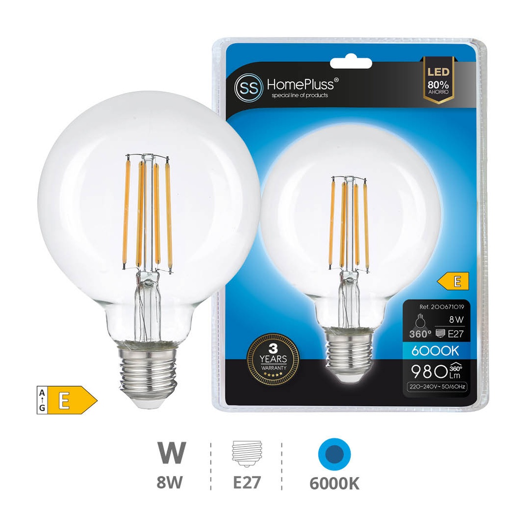 Bombilla LED globo G95 filamento 8W E27 6500K - 6u caja exp