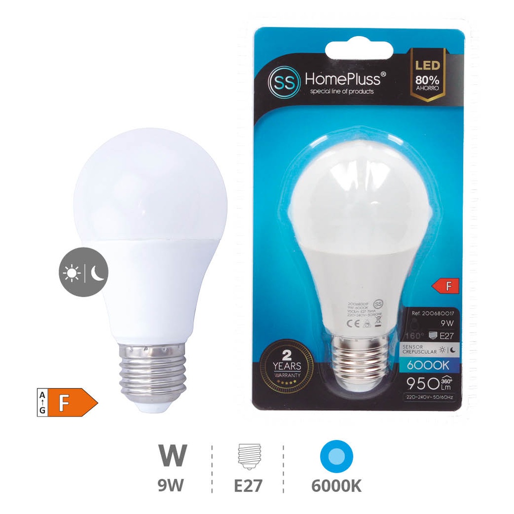 Bombilla LED estándar con sensor crepuscular 9W E27 6000K - 8u caja exp