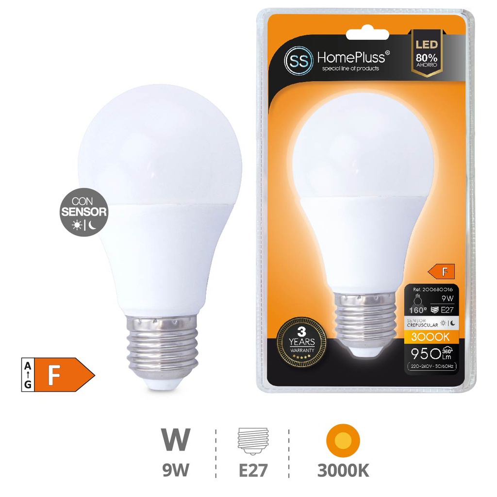 Lâmpada LED padrão com sensor crepuscular 9 W E27 3000 K – 8 un. caixa exp