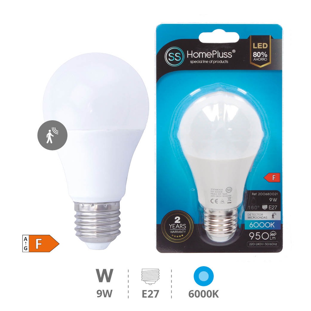 Bombilla LED estándar con sensor movimiento 9W E27 6000K - 8u caja exp