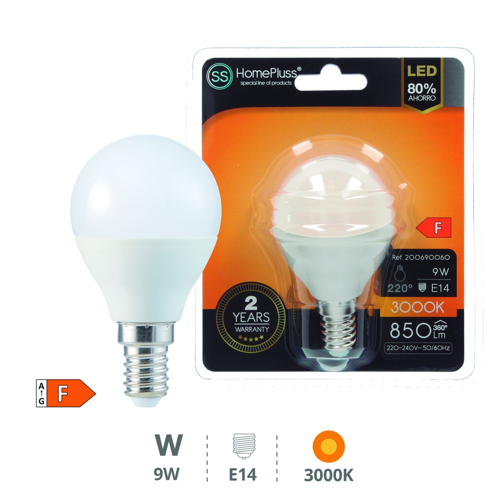 Bombilla LED esférica 9W E14 3000K - 12u caja exp
