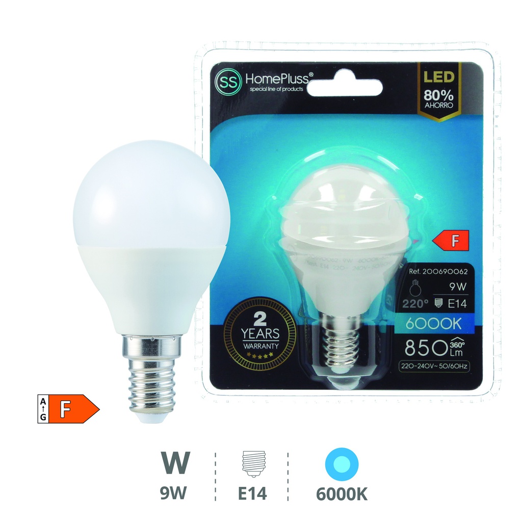Bombilla LED esférica 9W E14 6000K - 12u caja exp