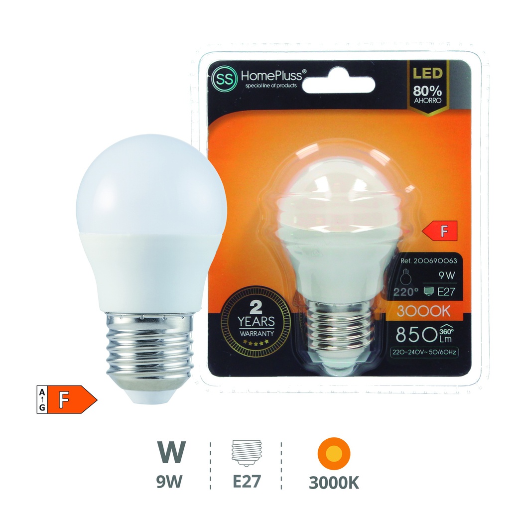 Bombilla LED esférica 9W E27 3000K - 12u caja exp