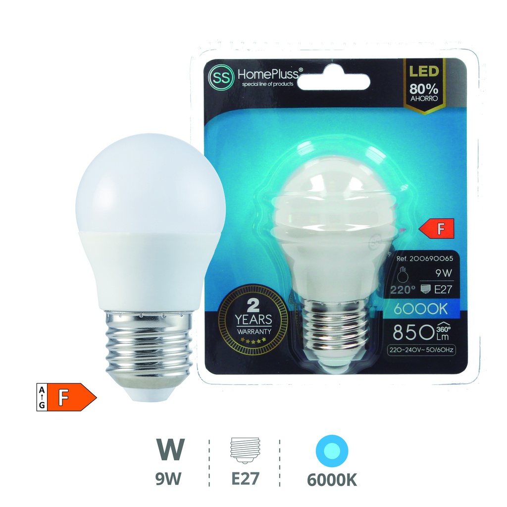 Bombilla LED esférica 9W E27 6000K - 12u caja exp