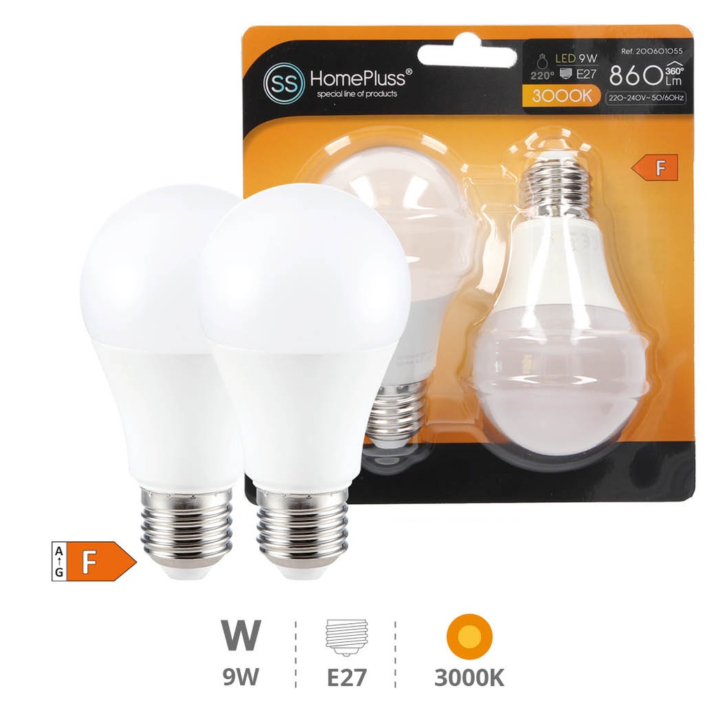 Pack 2 bombillas estandar LED 9W E27 3000K - 8u caja exp