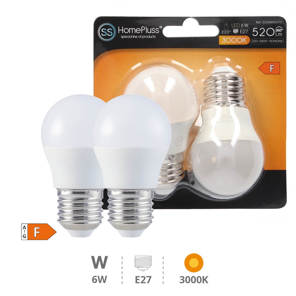 Pack 2 lâmpadas esféricas LED 6 W E27 3000 K – 10 un. caixa exp