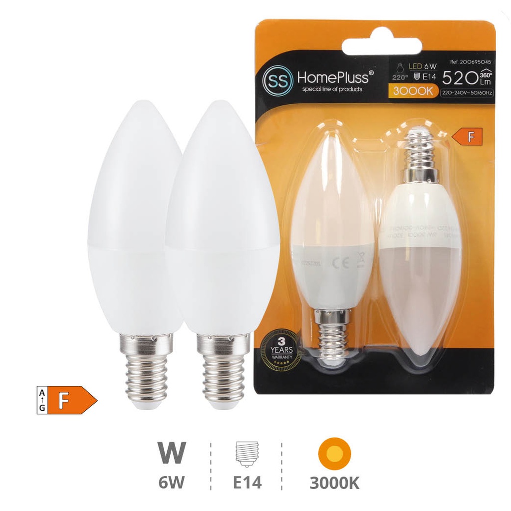Pack 2 lâmpadas vela LED 6 W E14 3000 K – 10 un. caixa exp
