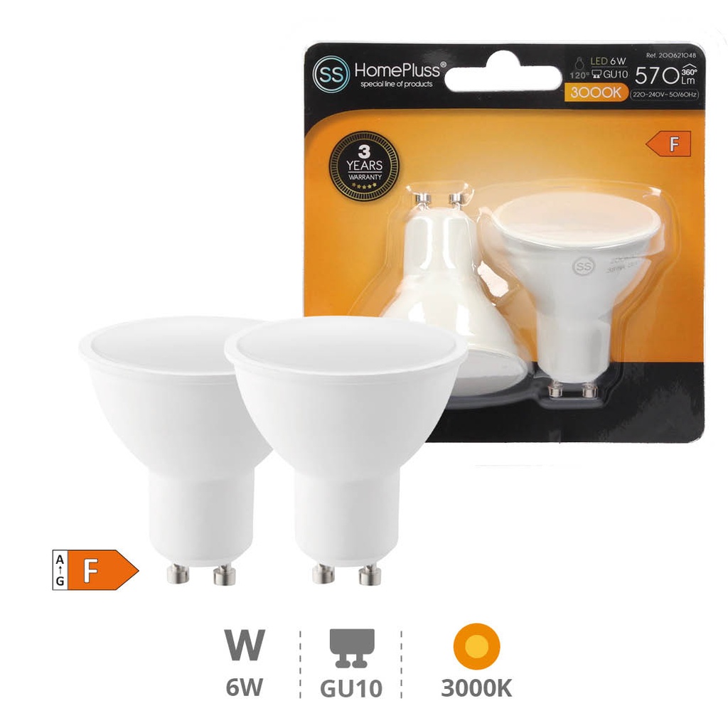 Pack 2 bombillas dicroicas LED 6W GU10 3000K - 10u caja exp