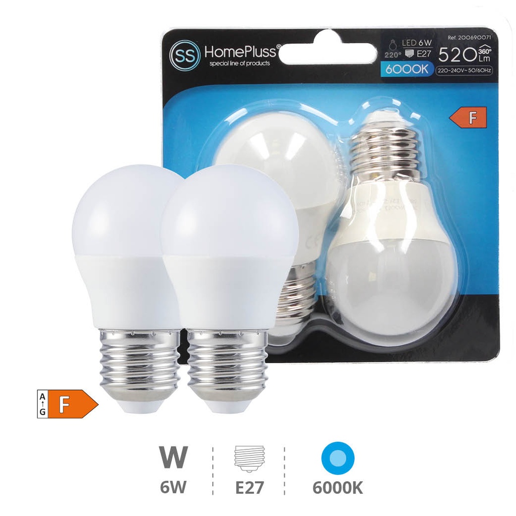 Pack 2 bombillas esféricas LED 6W E27 6000K - 10u caja exp