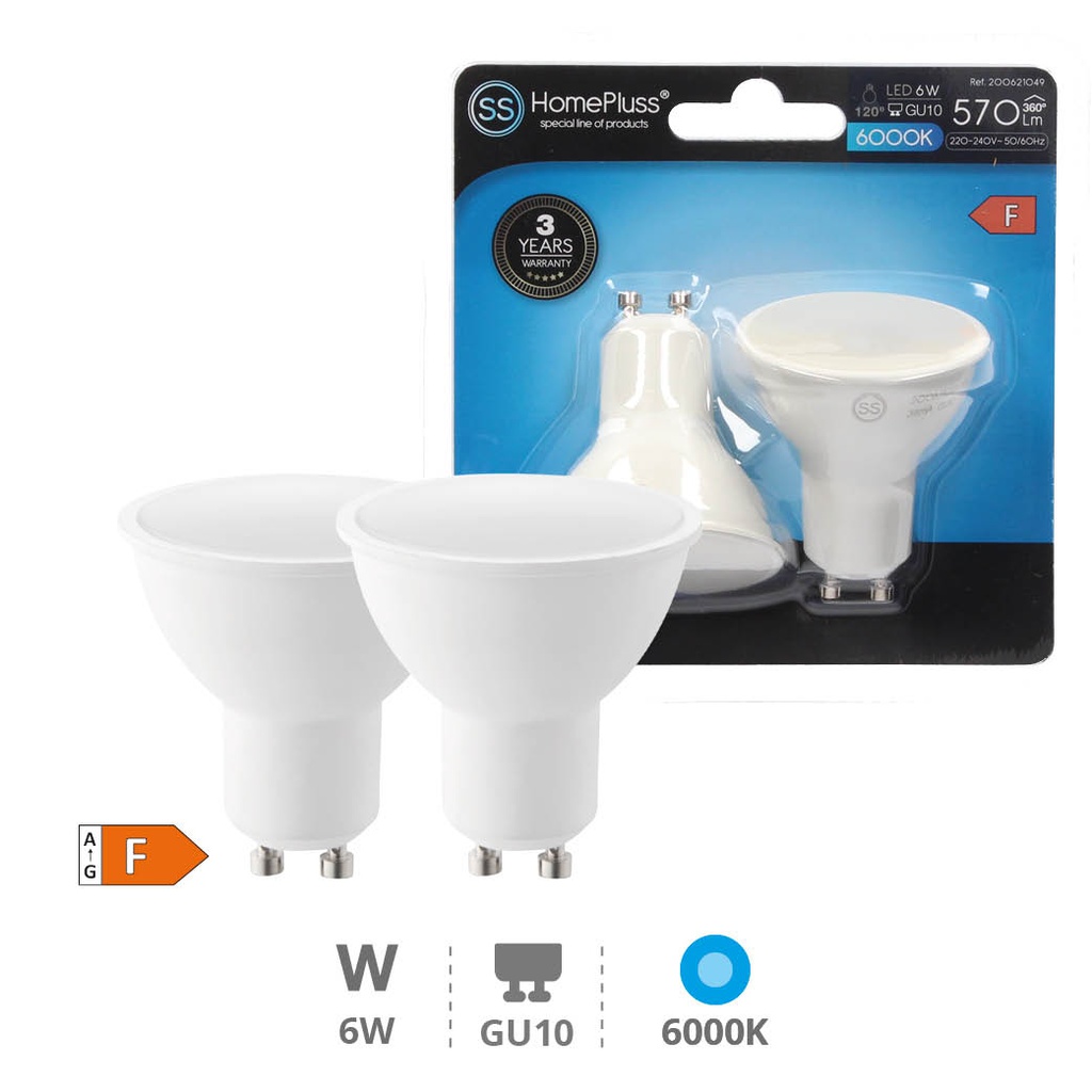 Pack 2 bombillas dicroicas LED 6W GU10 6000K - 10u caja exp