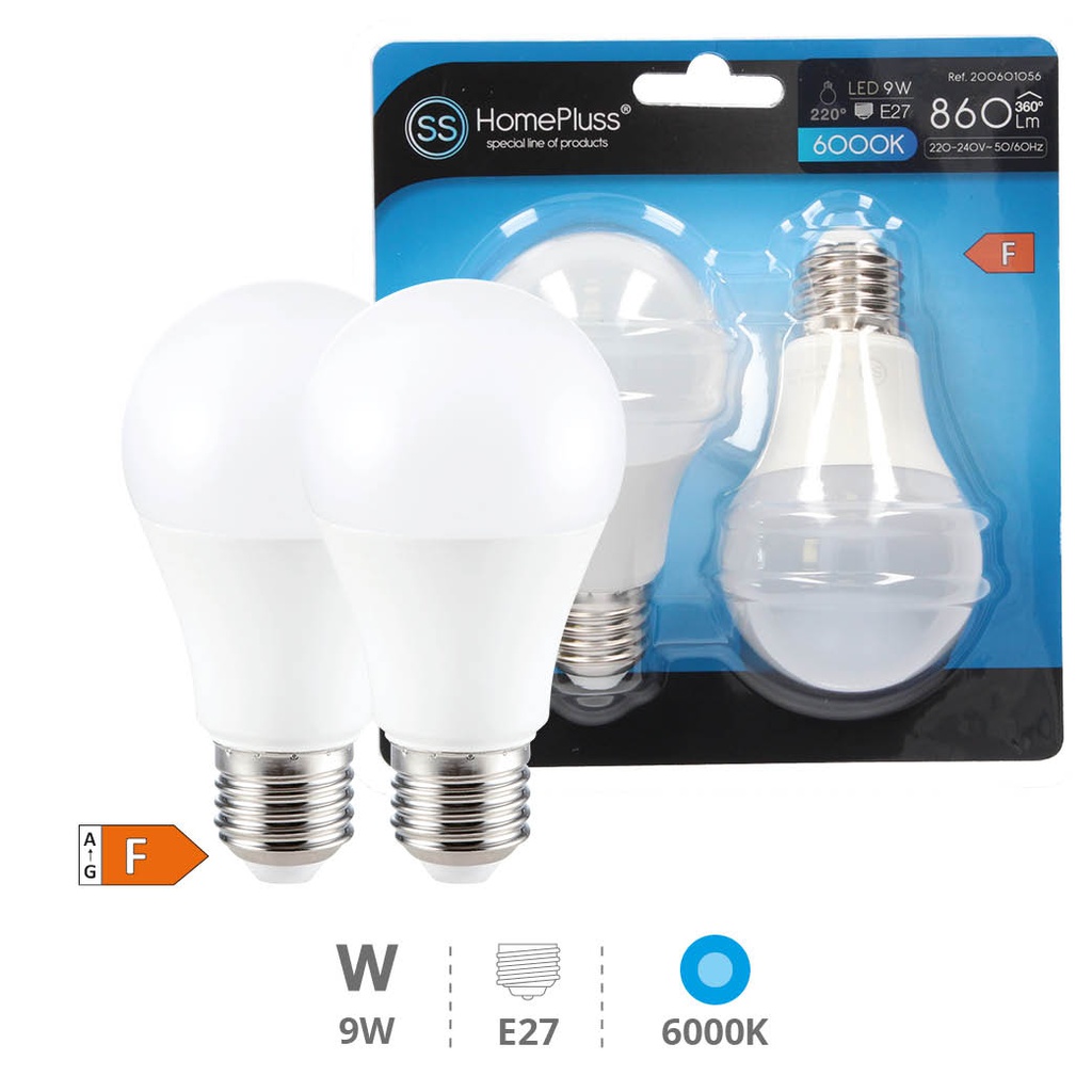 Pack 2 bombillas estándar LED 9W E27 6000K - 8u caja exp