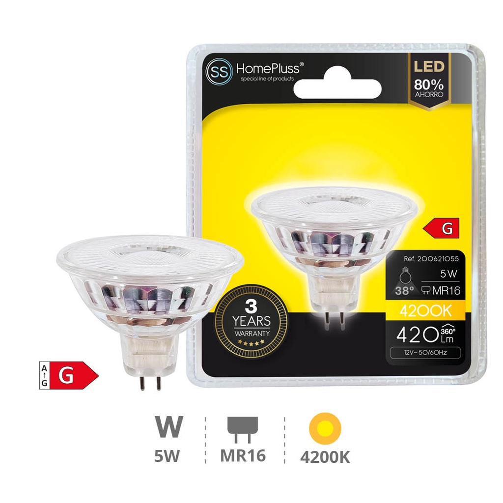 Bombilla LED dicroica cristal 38º 5W MR16 4200K - 12u caja exp