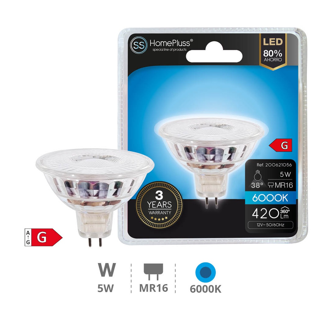 Bombilla LED dicroica cristal 38º 5W MR16 6000K - 12u caja exp