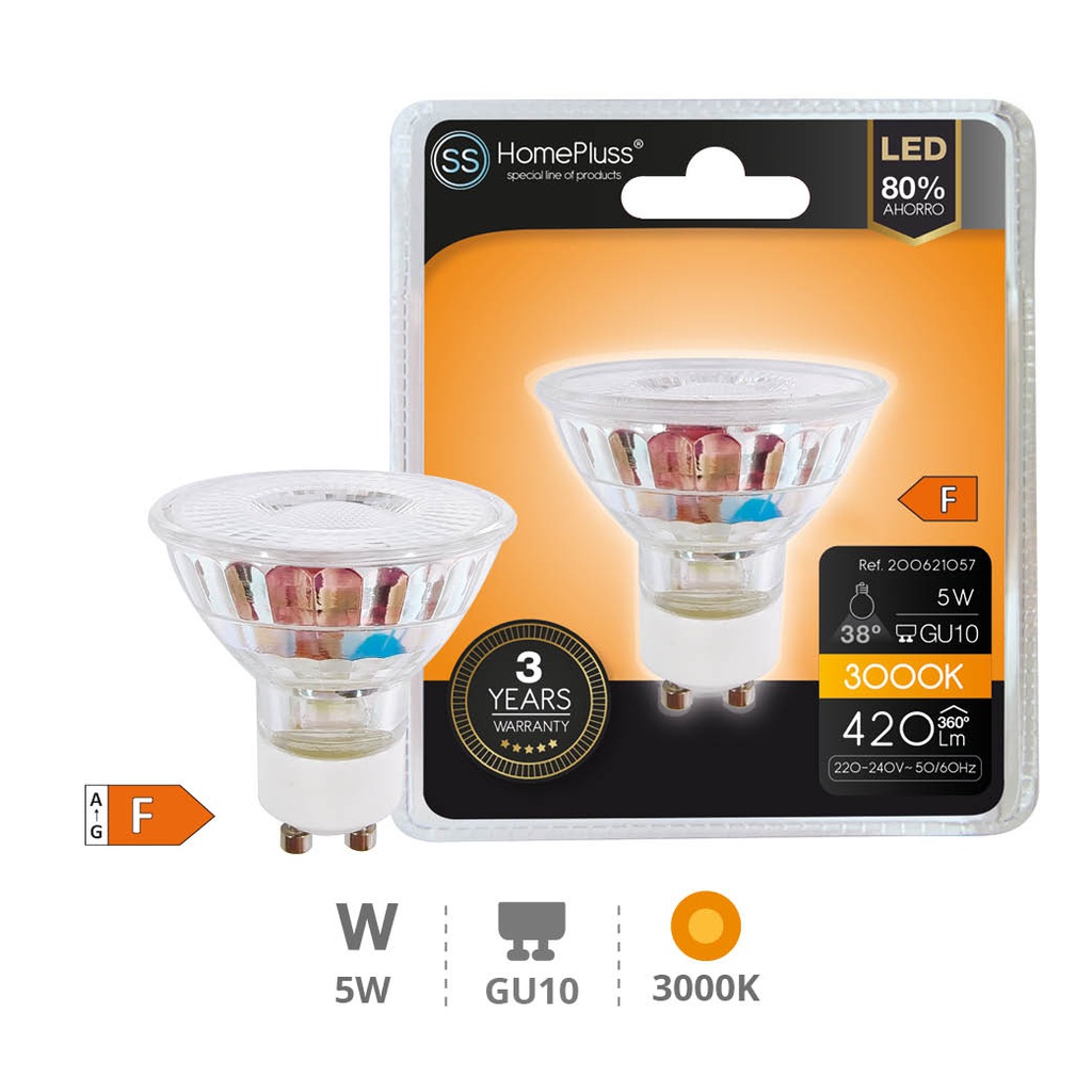 Bombilla LED dicroica cristal 38º 5W GU10 3000K - 12u caja exp