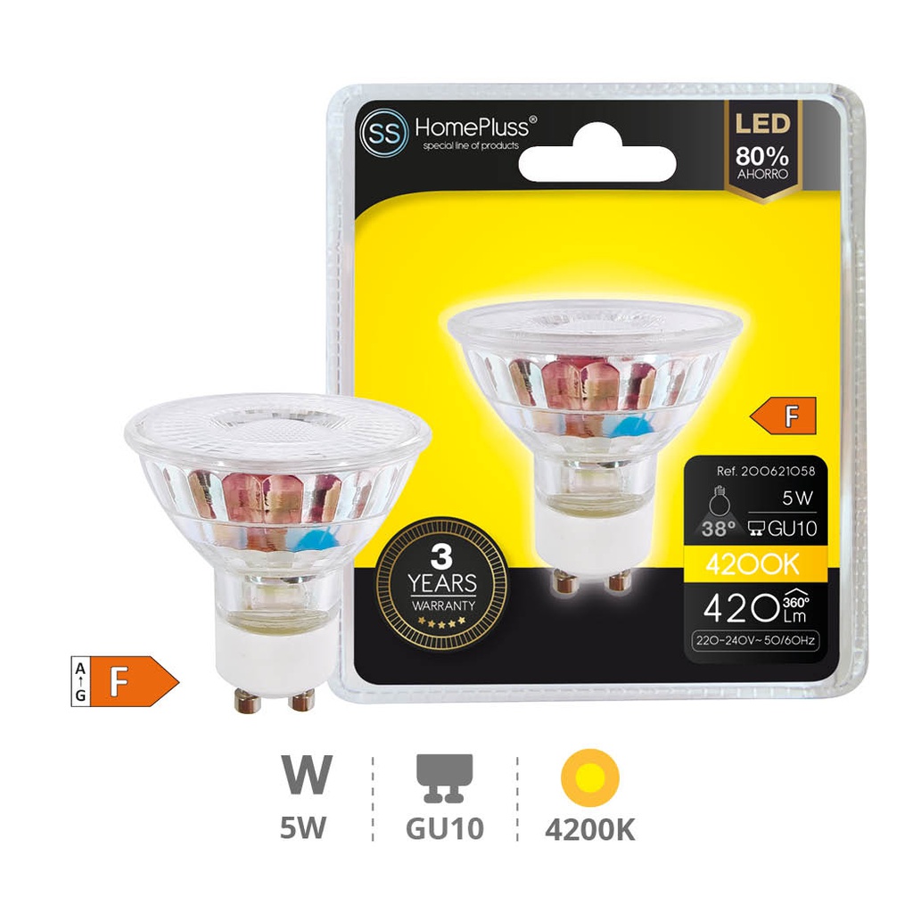 Bombilla LED dicroica cristal 38º 5W GU10 4200K - 12u caja exp