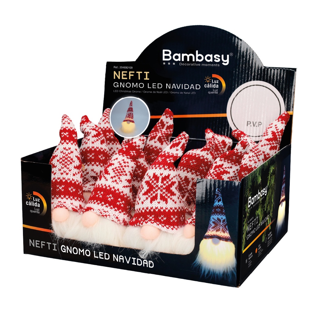 Gnomo de Natal LED Nefti 16 cm 2 x LR44 Vermelho e Branco – 12 un. caixa exp