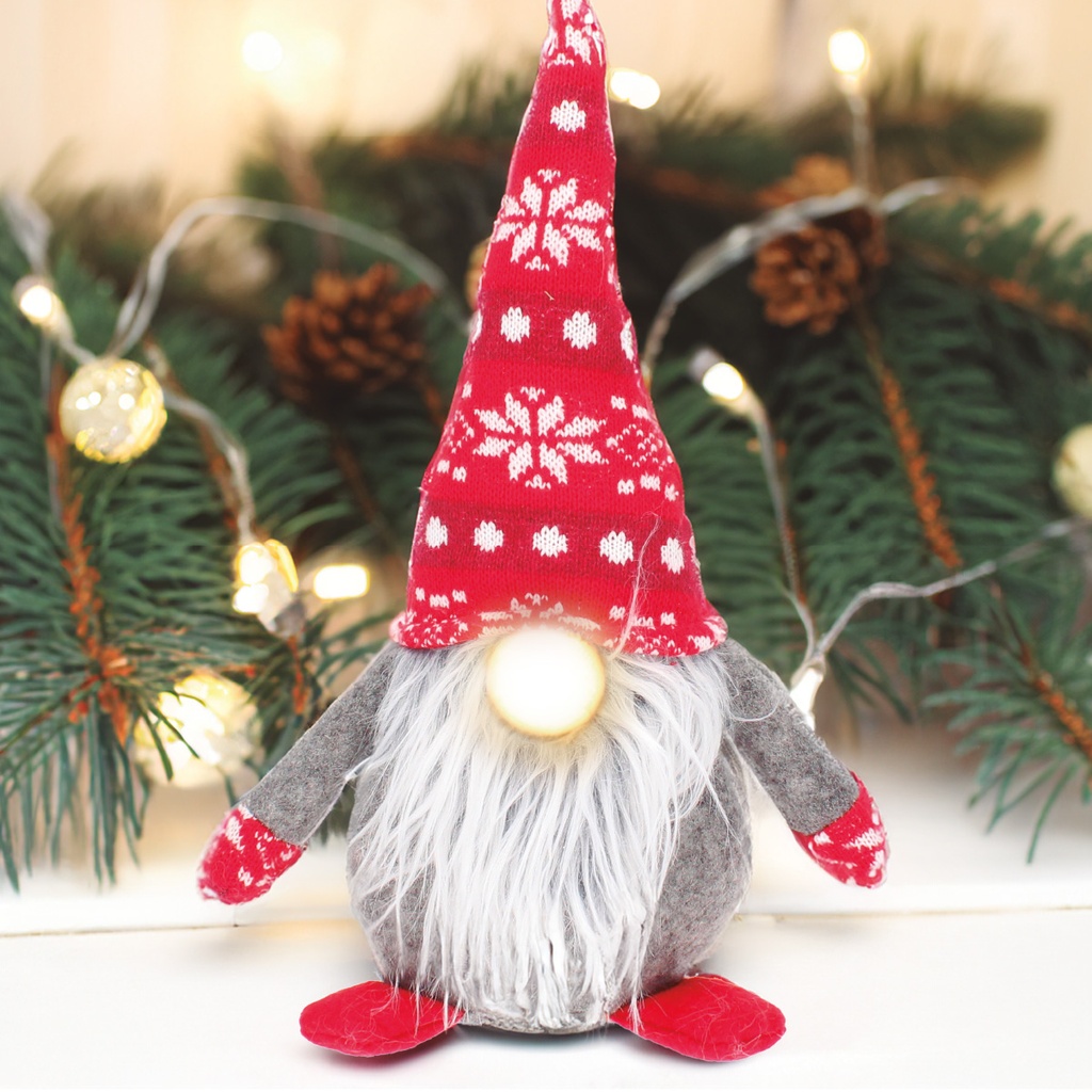 Gnomo de Natal LED sentado Hagin 36 cm 2 x CR2032 Vermelho e Cinzento