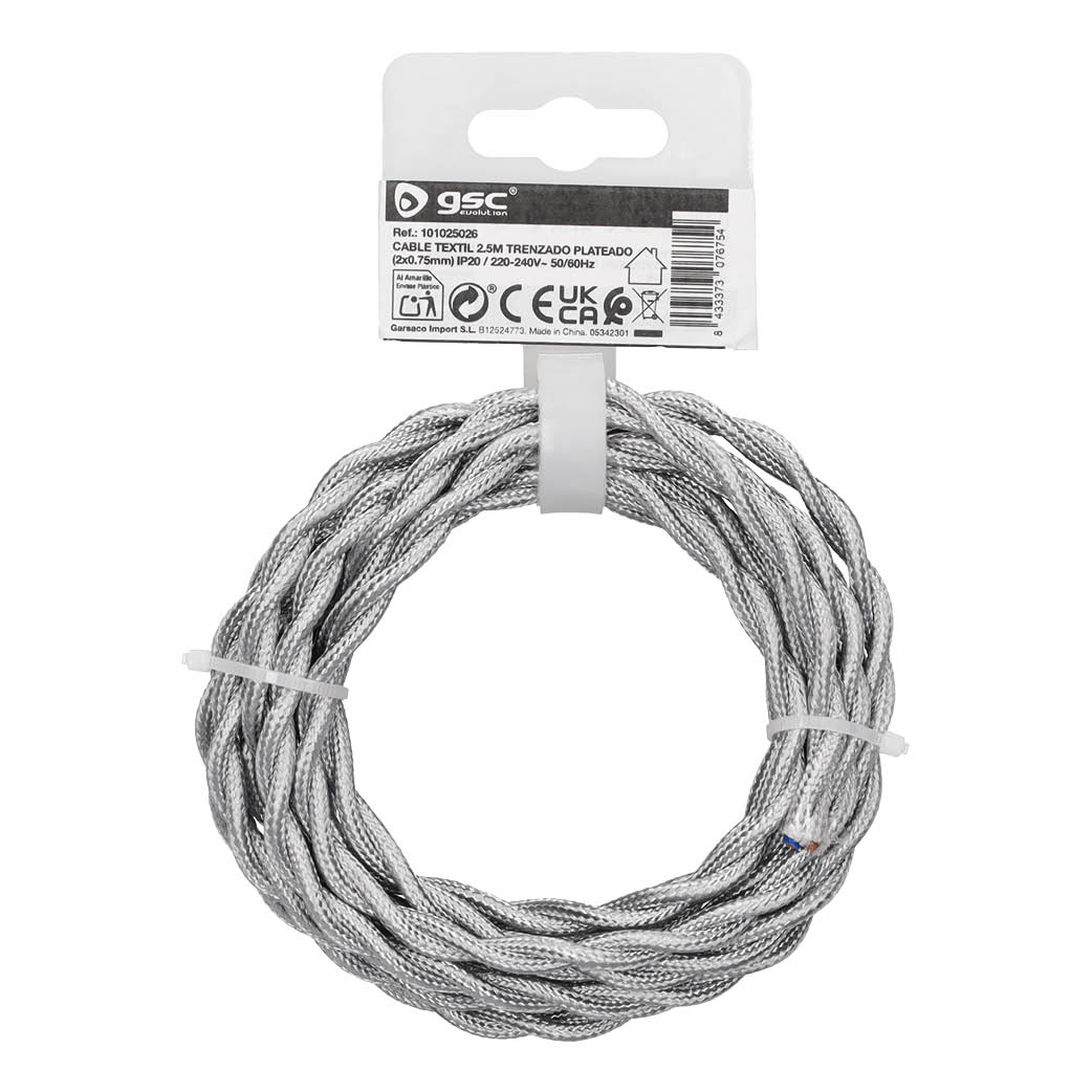 Cabo têxtil 2,5 m (2x0,75 mm) trançado prateado