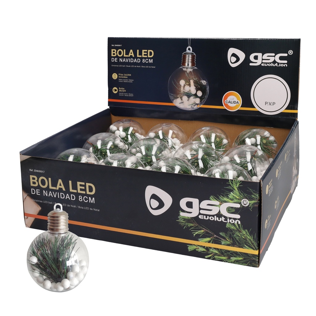 Bola de Natal LED de 8 cm com 3 lâmpadas LR44 de luz quente - 12 unidades por caixa
