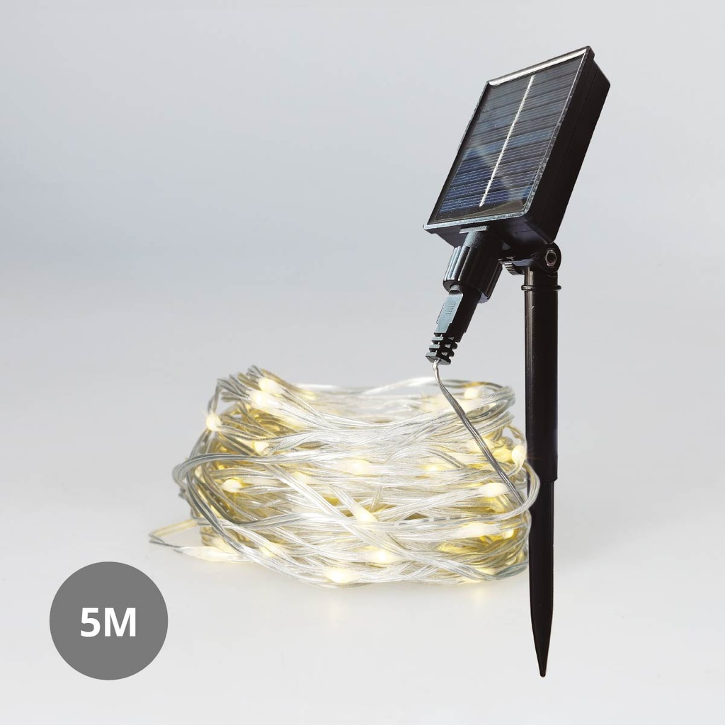 Cordão de luzes LED solares de 5 metros com 8 funções e luz quente