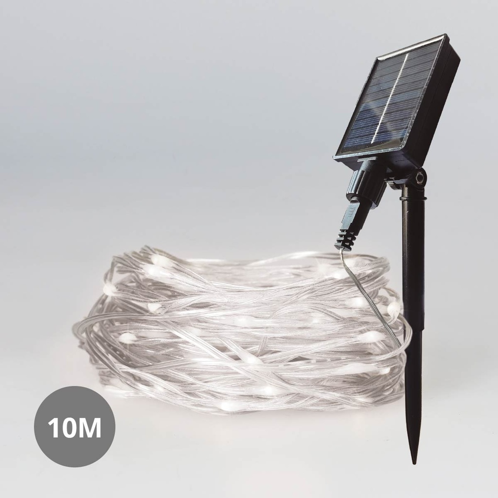 Cordão de luzes LED solares de 10 metros com 8 funções - Branco frio