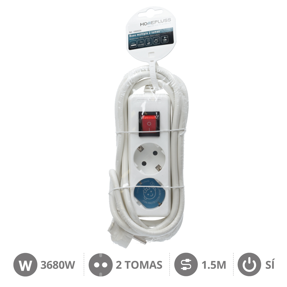 Base múltiple 2T con interruptor (3x1.5mm) 1,5M Blanco