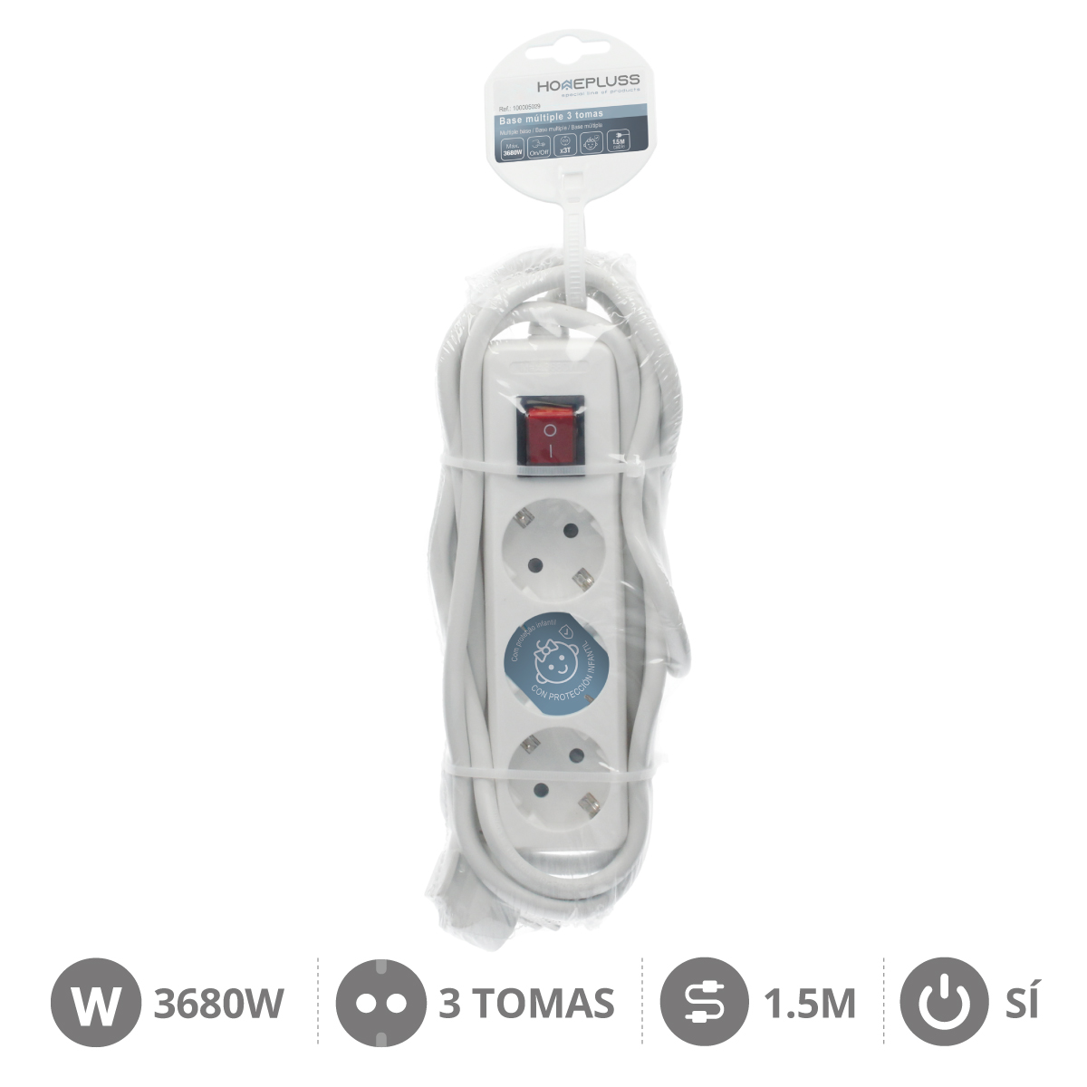 Base múltiple 3T con interruptor (3x1.5mm) 1,5M Blanco