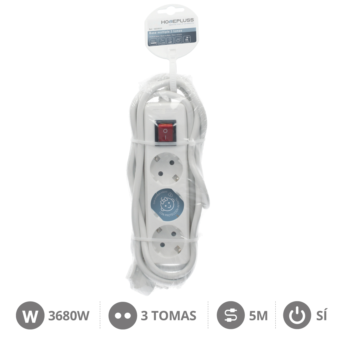 Base múltiple 3T con interruptor (3x1.5mm) 5M Blanco