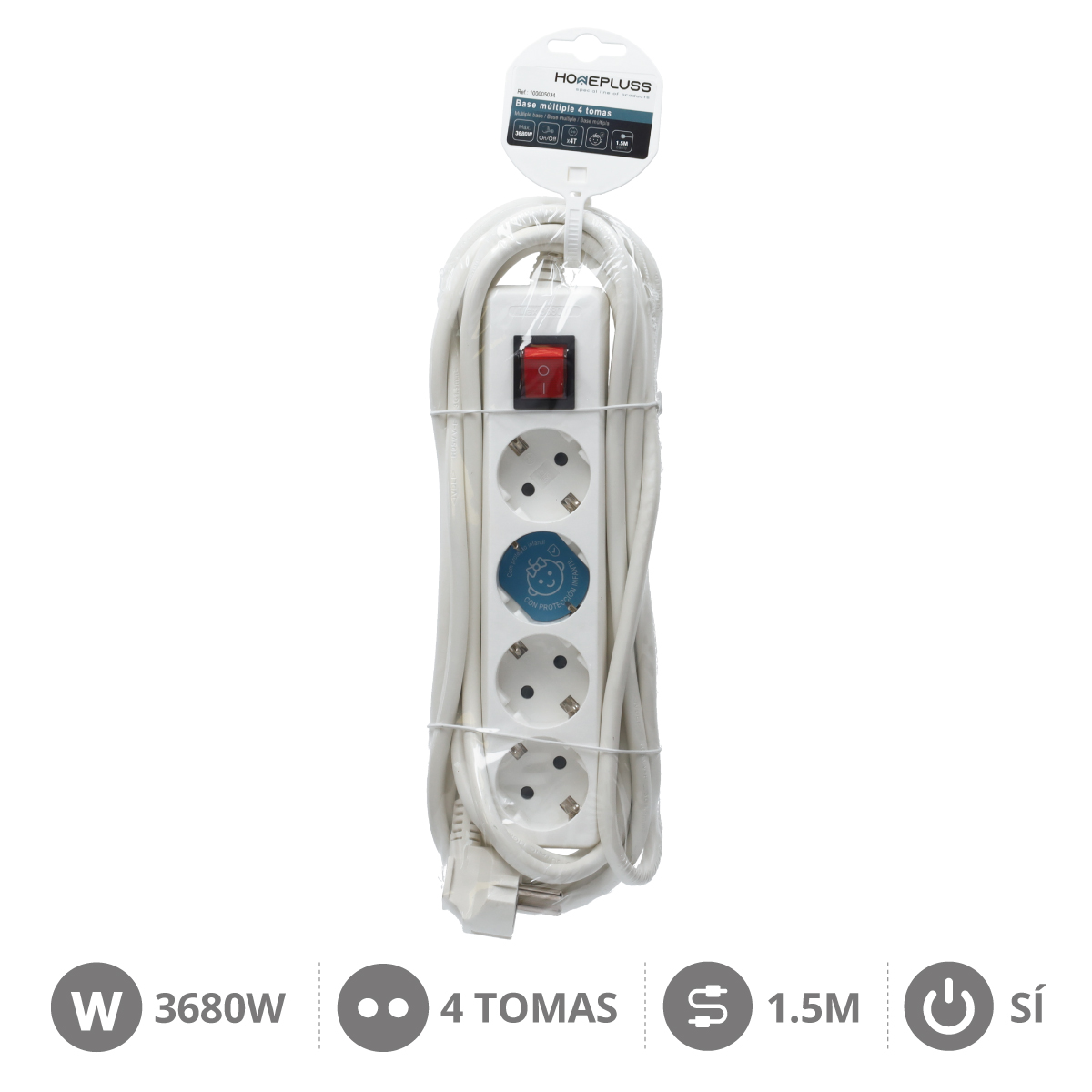 Base múltiple 4T con interruptor (3x1.5mm) 1,5M Blanco