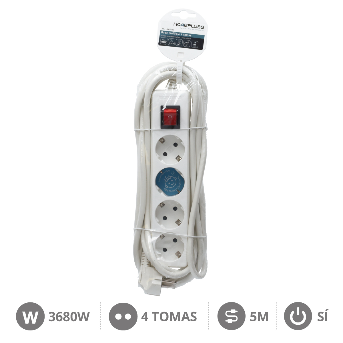 Base múltiple 4T con interruptor (3x1.5mm) 5M Blanco