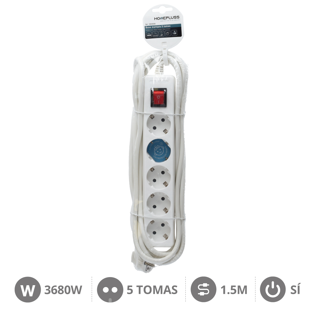 Base múltiple 5T con interruptor (3x1.5mm) 1,5M Blanco