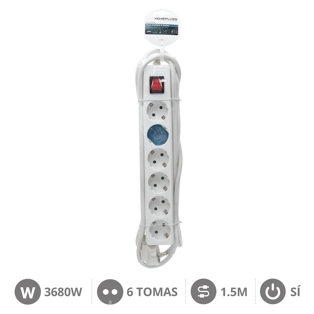 6 way socket White with switch (3x1.5mm) 1,5M wire