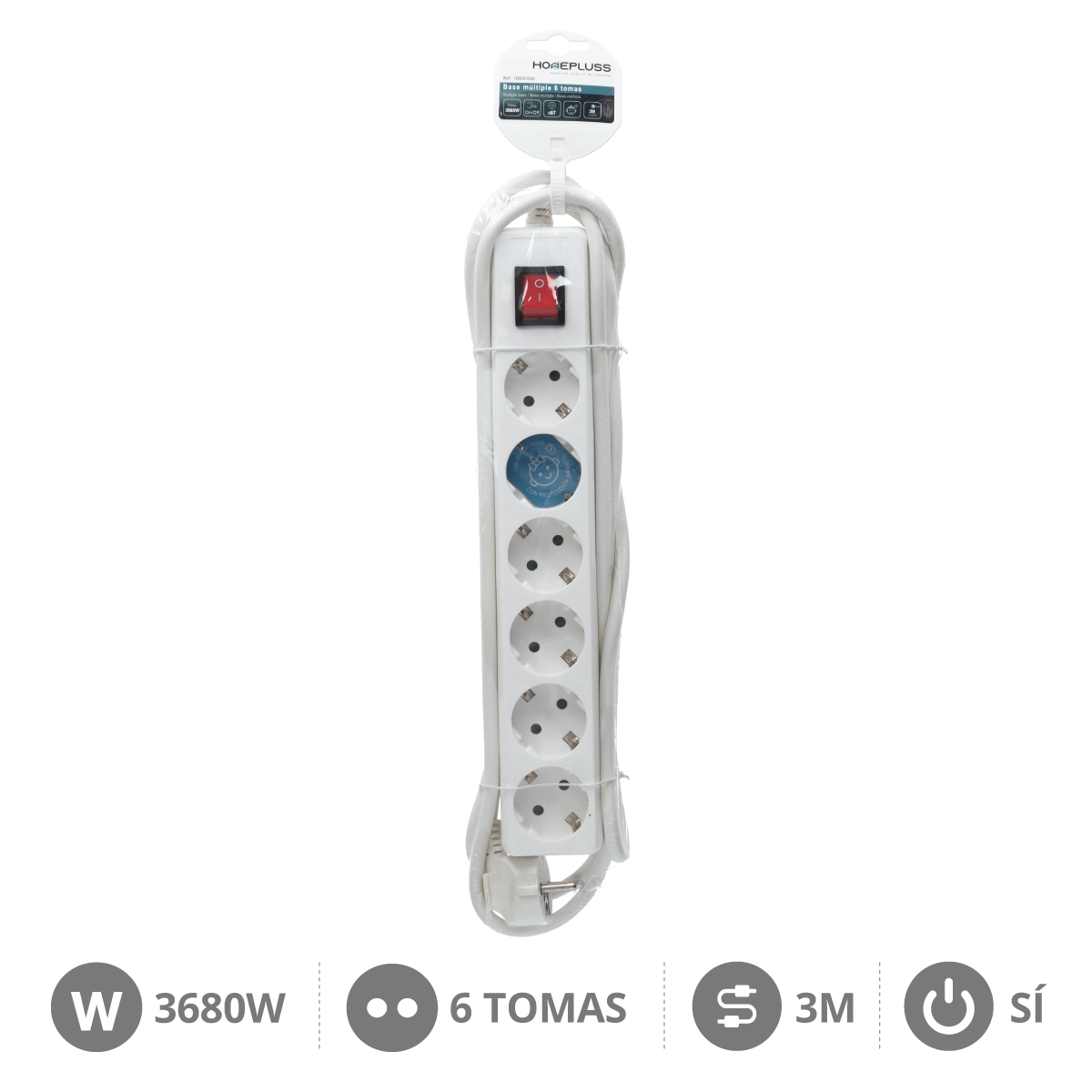 6 way socket White with switch (3x1.5mm) 3M wire