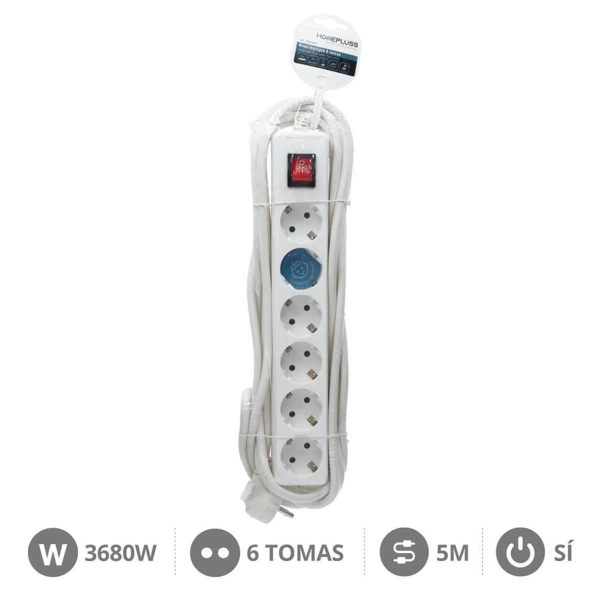 6 way socket White with switch (3x1.5mm) 5M wire