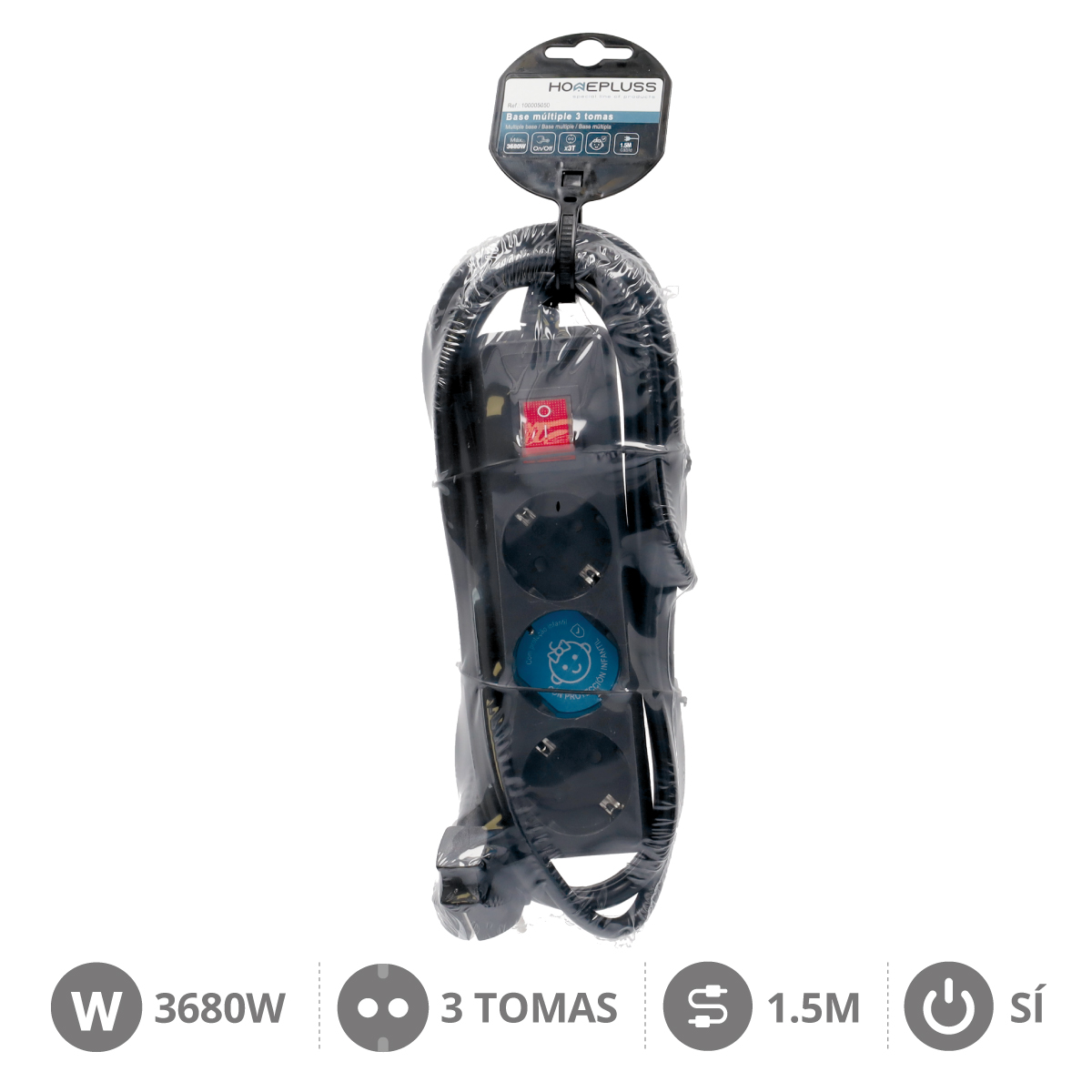 Base multiple 3T + Int. (3 x 1,5 mm) 1,5 m Negra