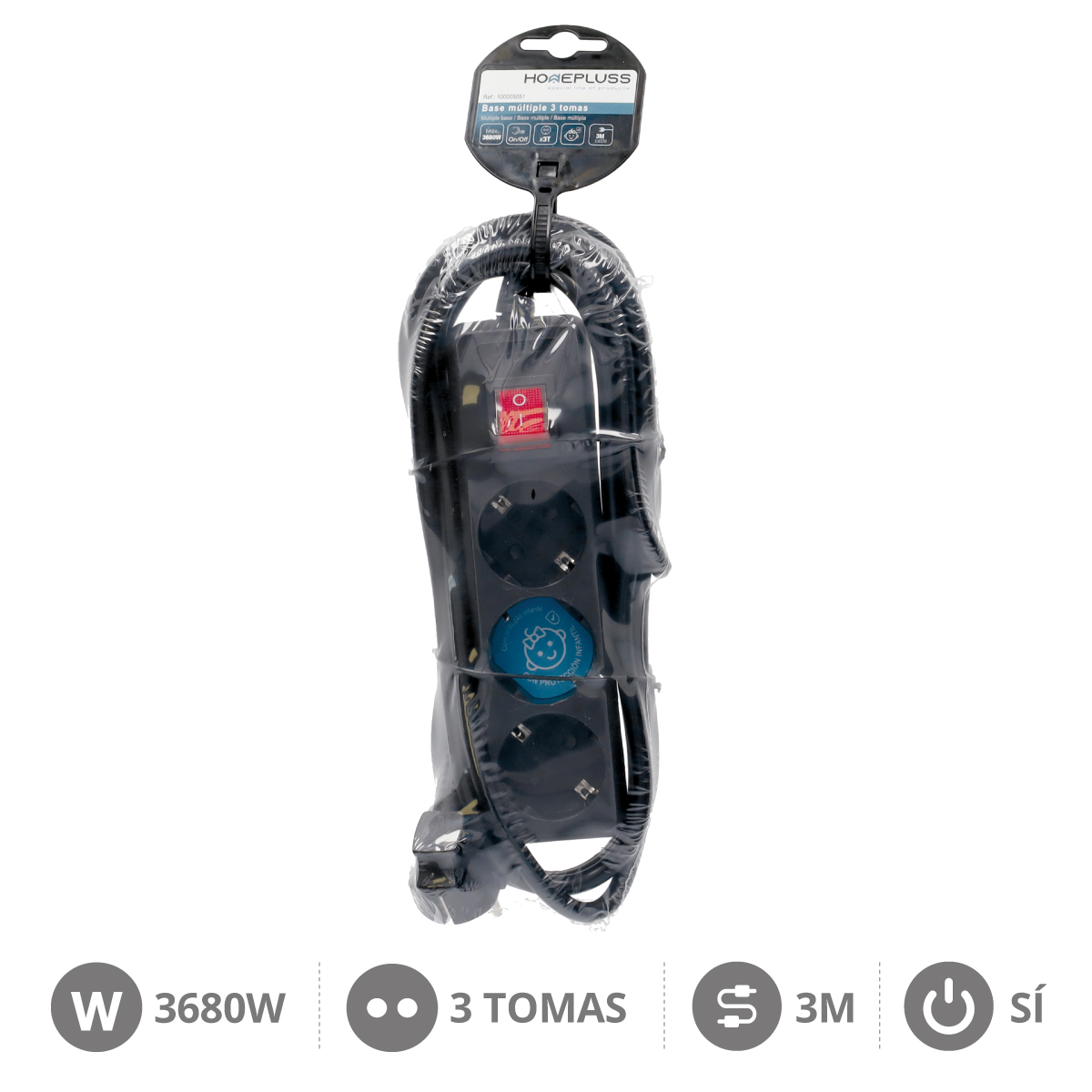 Bloco de 3T com interruptor (3 x 1,5 mm) 3 m Negro