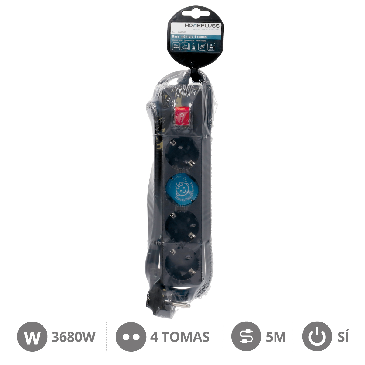 Base múltiple 4T con interruptor (3x1.5mm) 1,5M Negro