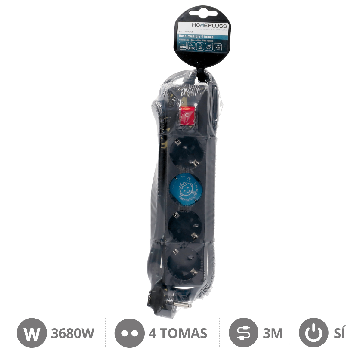 Base múltiple 4T con interruptor (3x1.5mm) 3M Negro