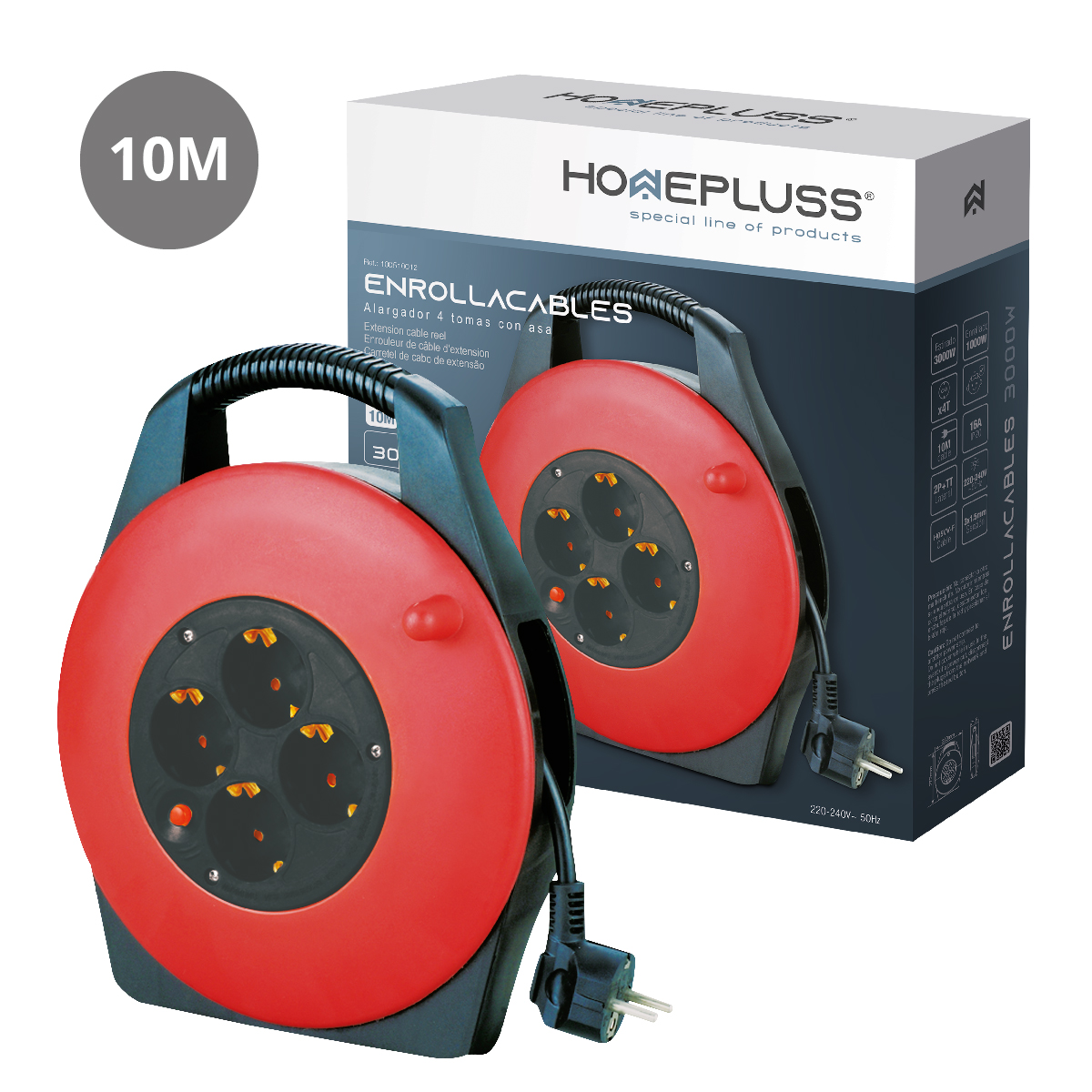 Enrollacables alargador con asa 4 enchufes (3x1.5mm) 10M