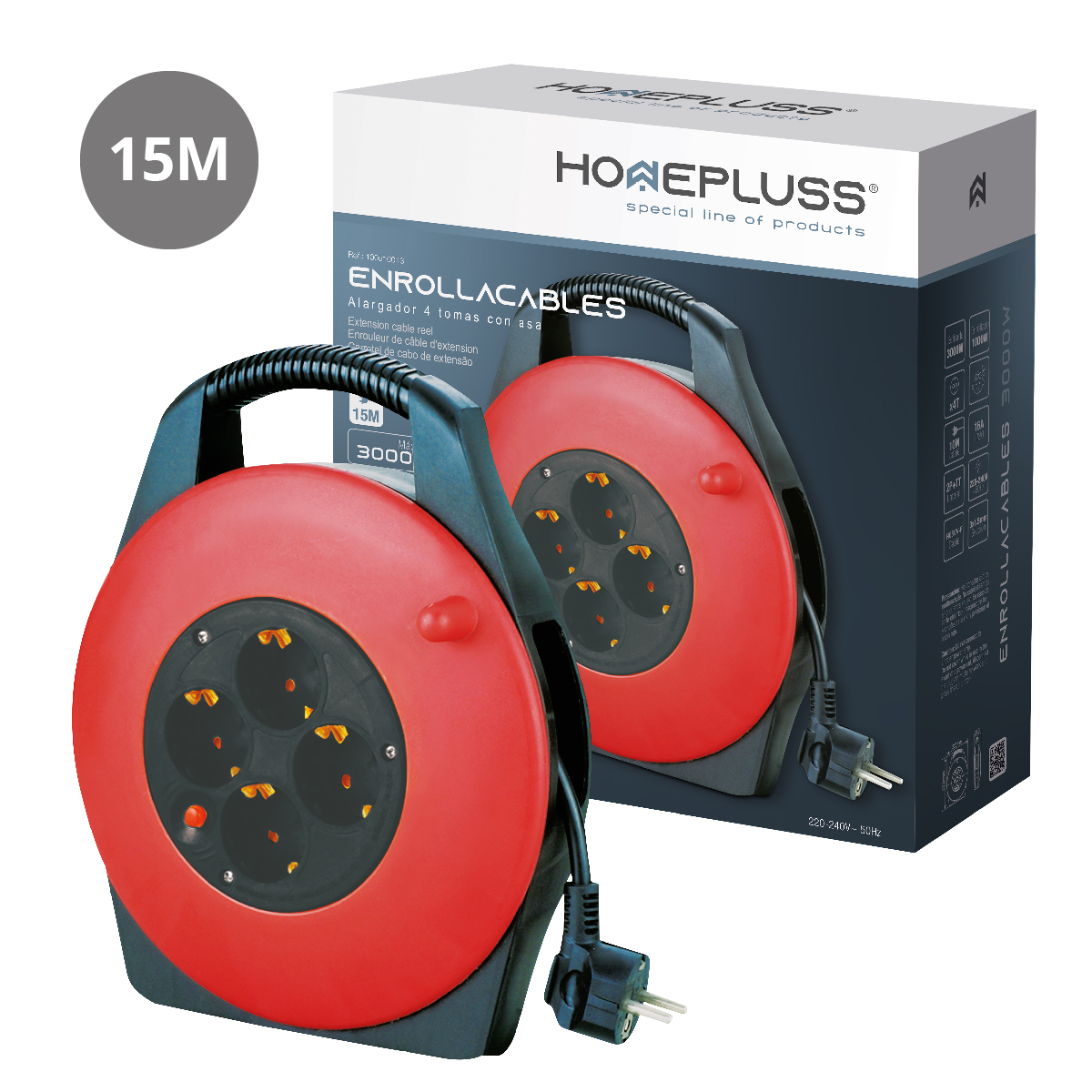 Enrollacables alargador con asa 4 enchufes (3x1.5mm) 15M