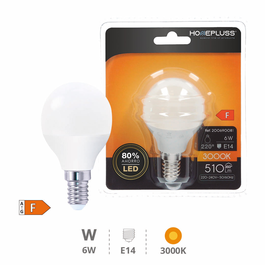 Bombilla LED esférica 6W E14 3000K - 12u caja exp