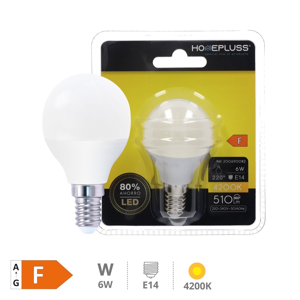Bombilla LED esférica 6W E14 4200K - 12u caja exp