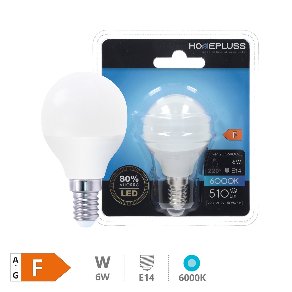 Bombilla LED esférica 6W E14 6000K - 12u caja exp