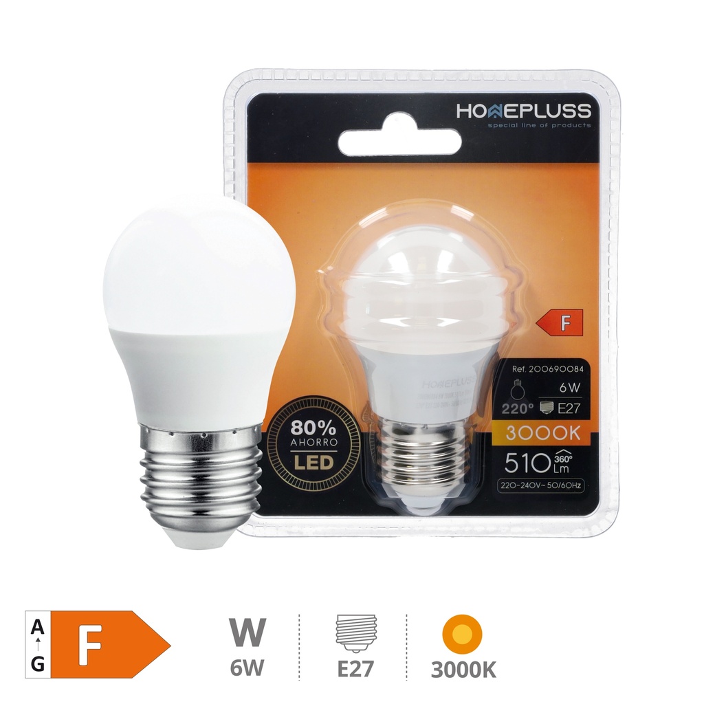 Bombilla LED esférica 6W E27 3000K - 12u caja exp