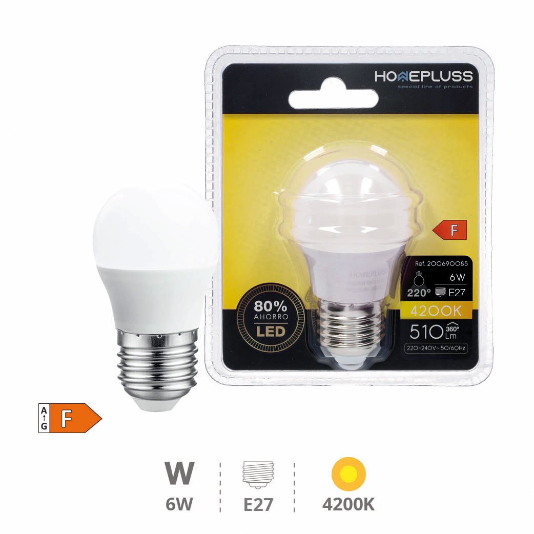 Bombilla LED esférica 6W E27 4200K - 12u caja exp