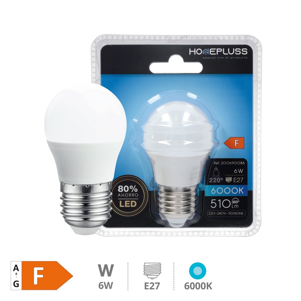 Bombilla LED esférica 6W E27 6000K - 12u caja exp