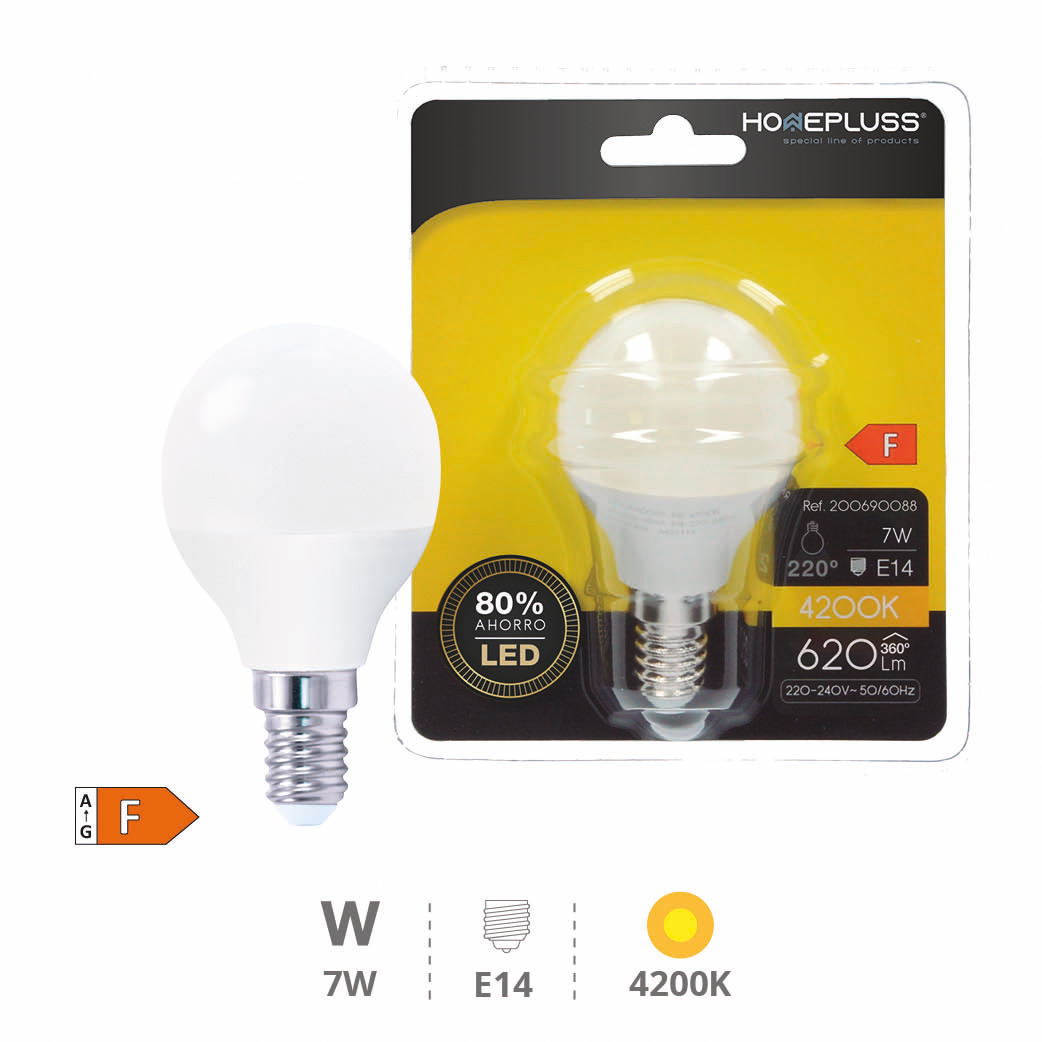 Bombilla LED esférica 7W E14 4200K - 12u caja exp