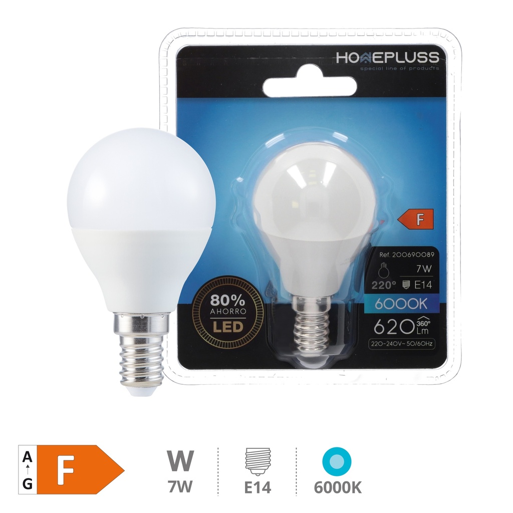 Bombilla LED esférica 7W E14 6000K - 12u caja exp