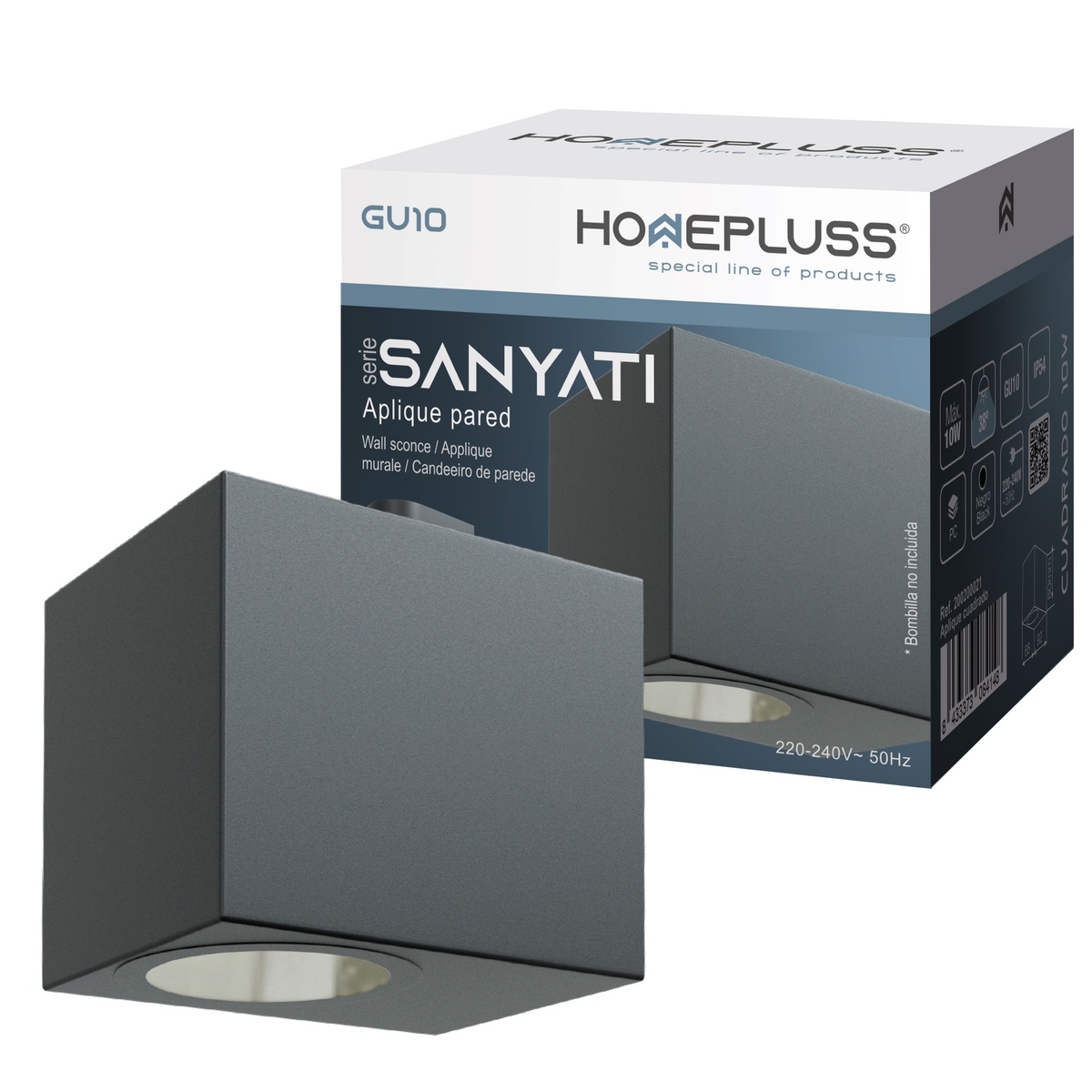 Aplique de parede Série Sanyati quadrado 1 luz GU10 Máx. 10W IP54 Preto