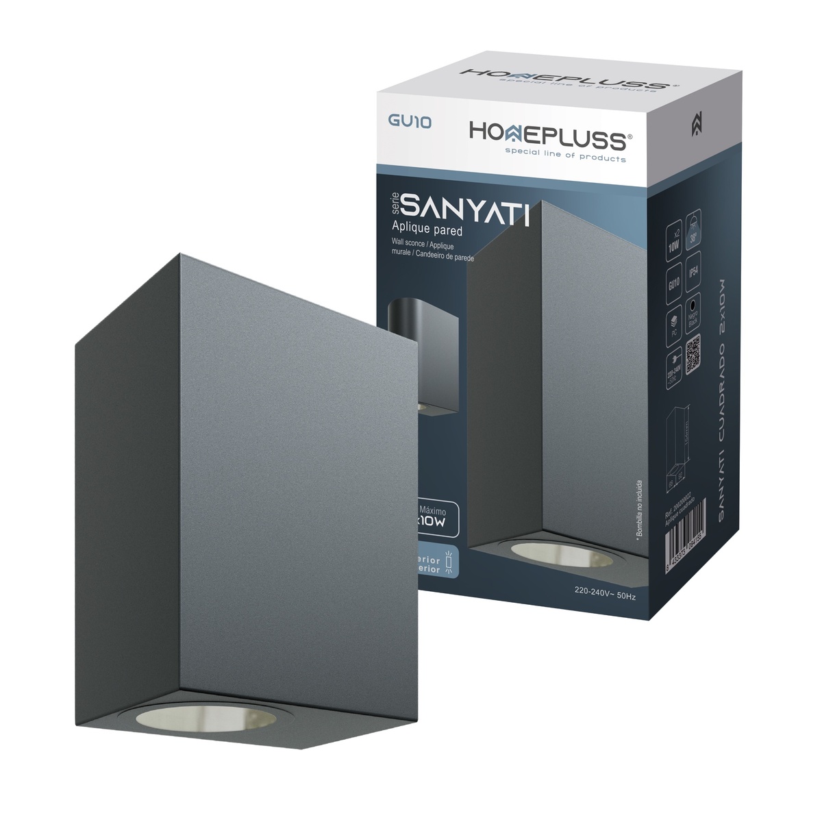 Aplique de parede Série Sanyati quadrado 2 luzes GU10 Máx. 10W IP54 Preto
